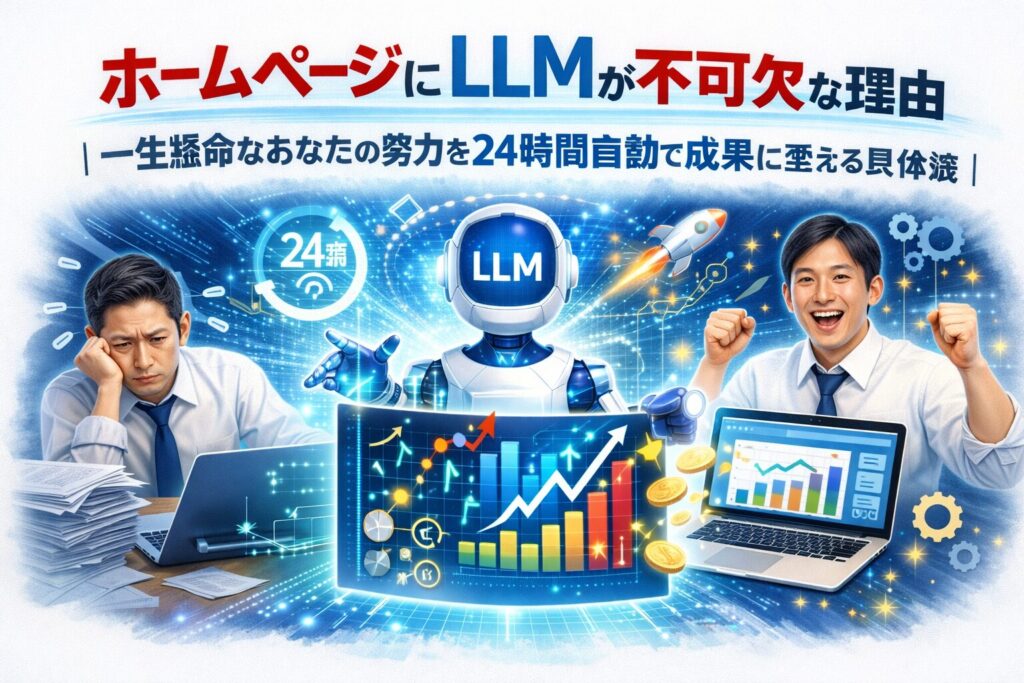 ホームページ LLMを活用し、努力型の作業が24時間自動で成果に変わる仕組みと成長の変化を対比で示した構成