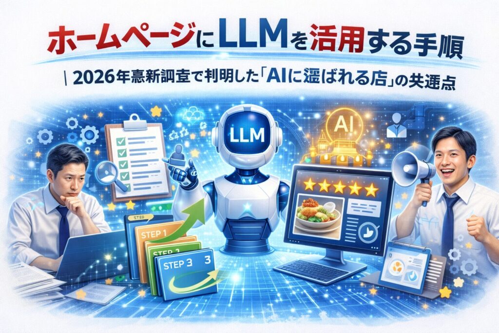 ホームページ LLMを活用し、手順に沿ってAIに評価される店へ変化していく設計プロセスと成果の流れを示した構成