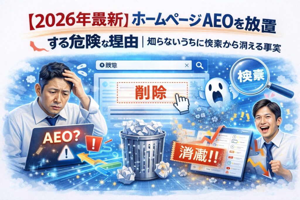 ホームページ AEOを放置した結果、検索結果から削除され可視性が低下する危険性と不安を示す構図