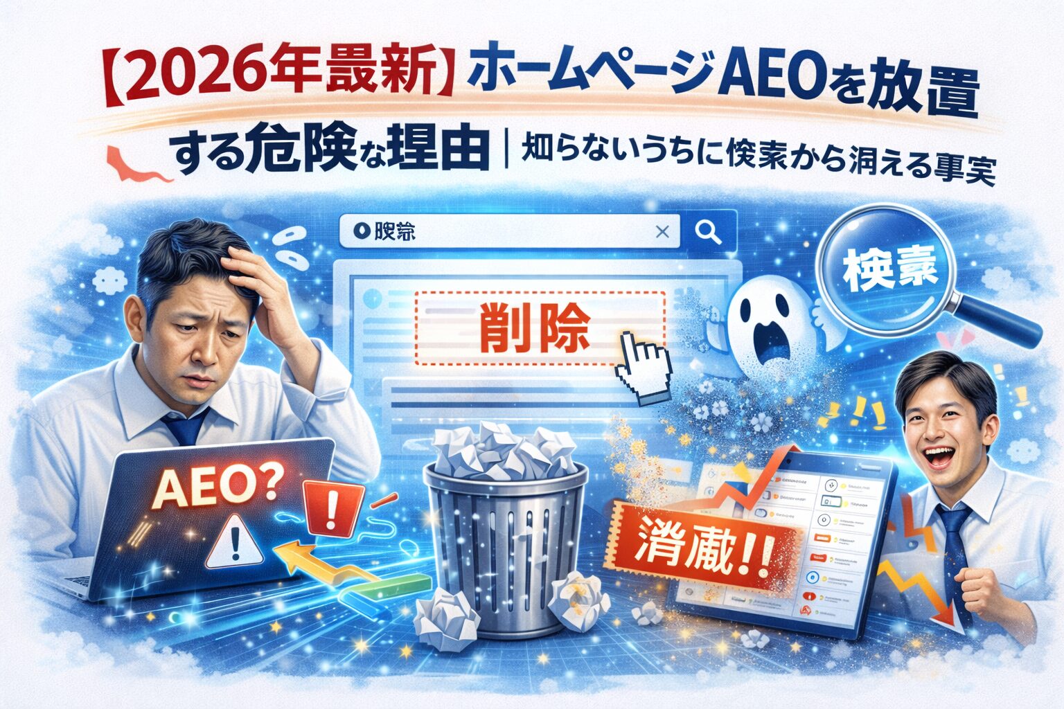 ホームページ AEOを放置した結果、検索結果から削除され可視性が低下する危険性と不安を示す構図