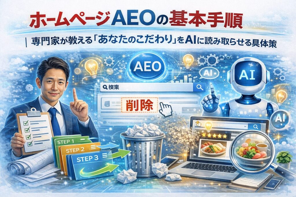 ホームページ AEOの基本手順として、専門家の設計意図をAIが理解し、こだわりが正しく評価される流れを示す構成