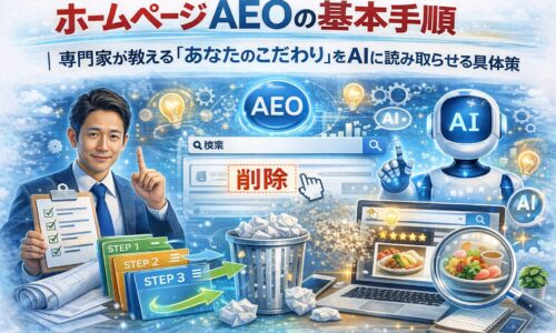 ホームページ AEOの基本手順として、専門家の設計意図をAIが理解し、こだわりが正しく評価される流れを示す構成