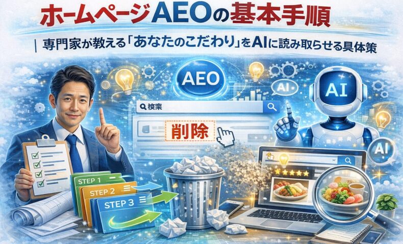 ホームページ AEOの基本手順として、専門家の設計意図をAIが理解し、こだわりが正しく評価される流れを示す構成