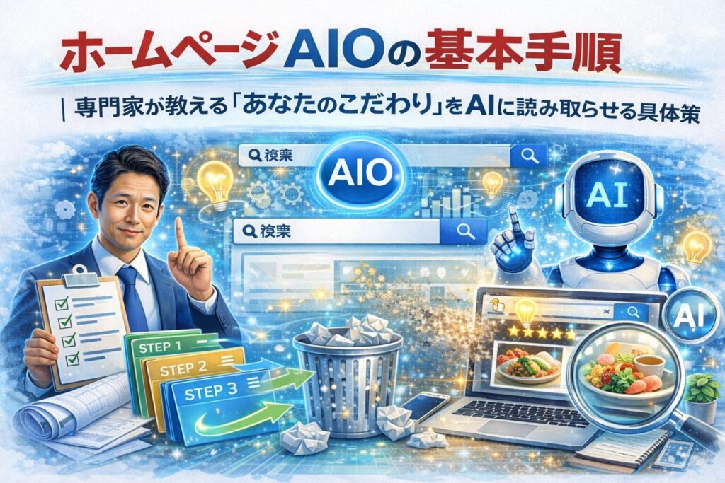 ホームページ AIOの基本手順として、専門家の設計意図やこだわりをAIが理解し評価へ反映する流れを示す構成