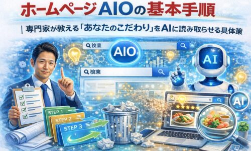 ホームページ AIOの基本手順として、専門家の設計意図やこだわりをAIが理解し評価へ反映する流れを示す構成