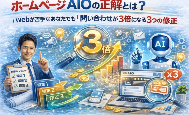 ホームページ AIOにおいて三つの修正を行うことで、問い合わせ数が増加し成果が可視化される改善プロセスを示す構成