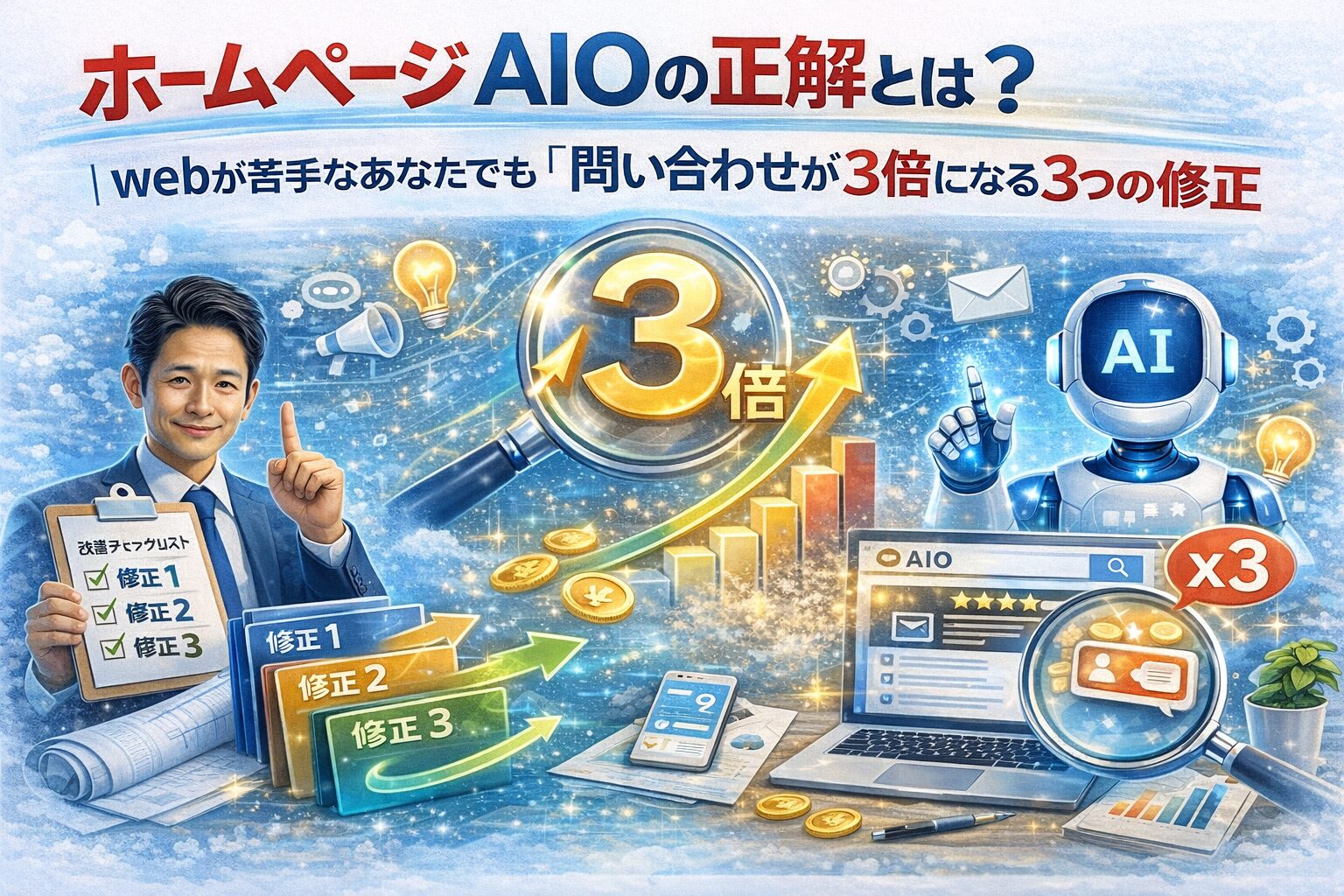 ホームページ AIOにおいて三つの修正を行うことで、問い合わせ数が増加し成果が可視化される改善プロセスを示す構成