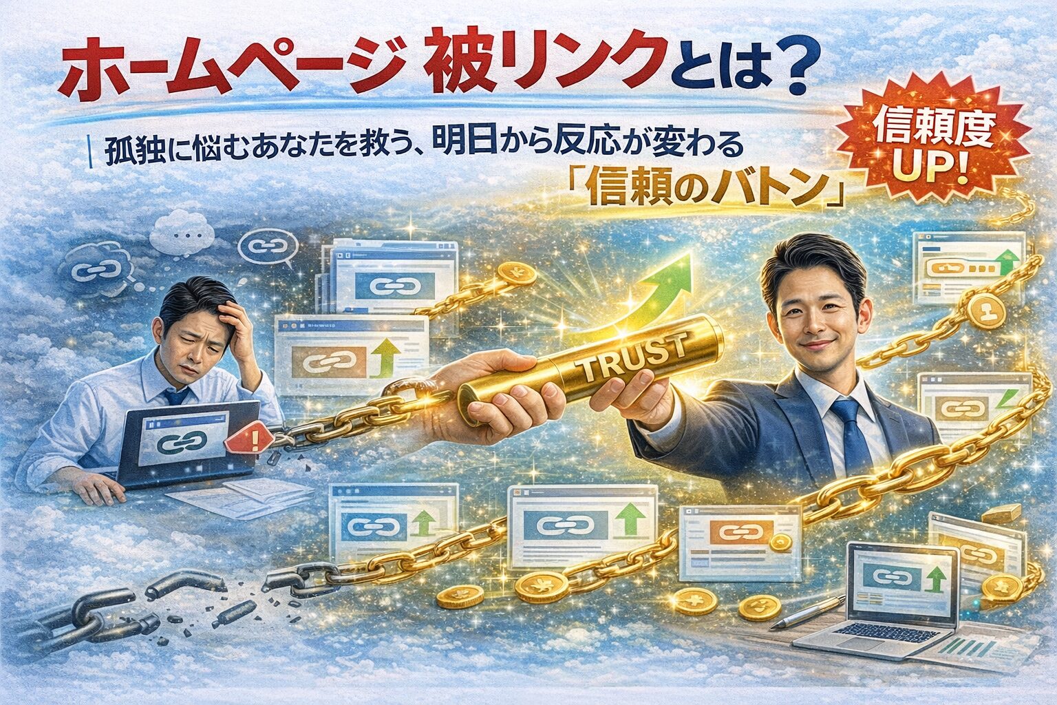 ホームページ 被リンクを信頼の連鎖として受け取り、孤立状態から評価と反応が高まる変化を示した構図