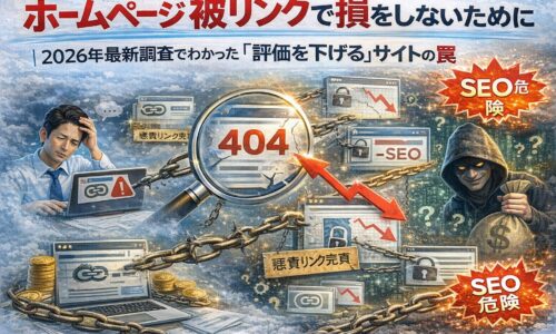 ホームページ 被リンクによって評価が下がる危険なサイト構造と、信頼を失うリンクの罠を示した対比構成
