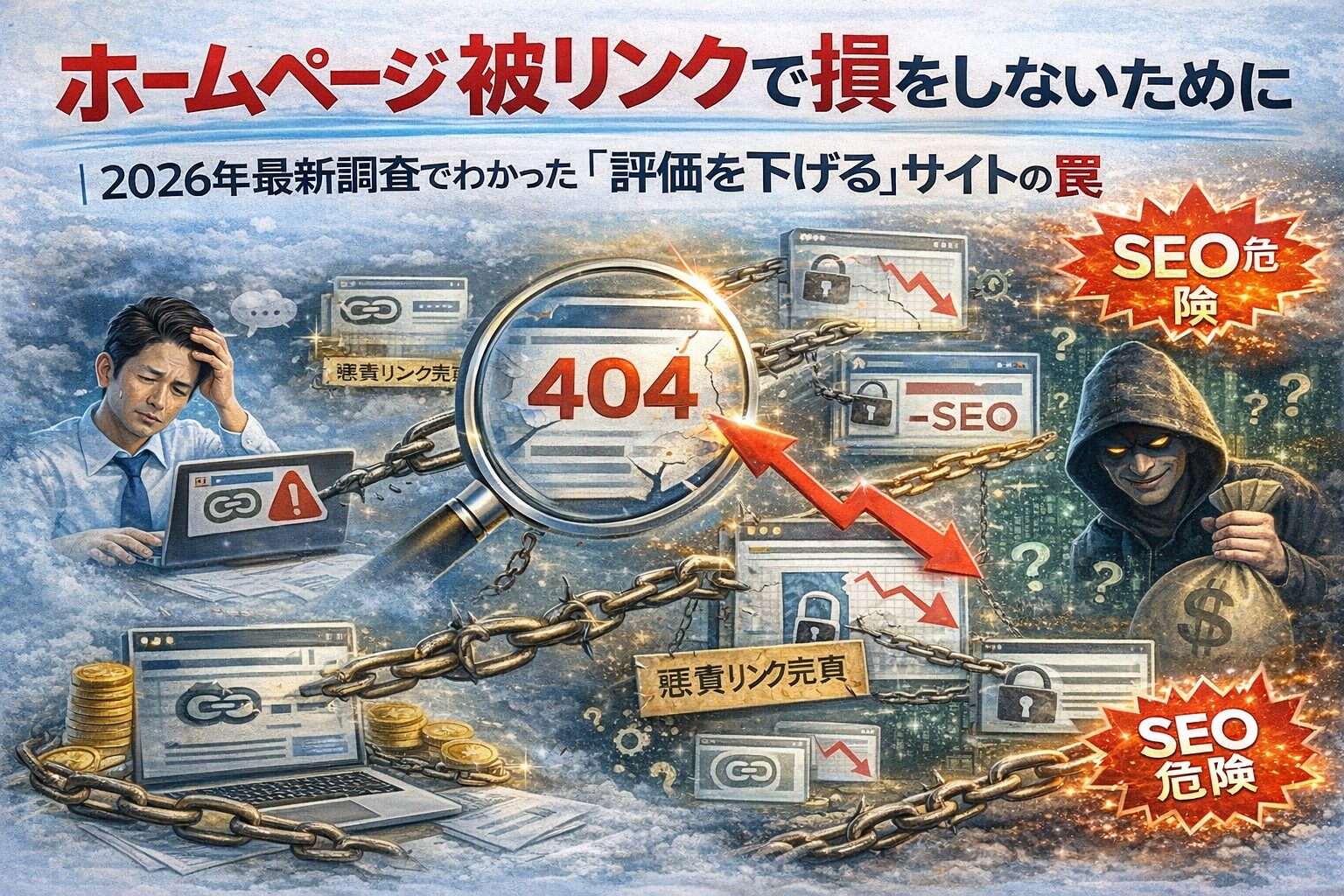 ホームページ 被リンクによって評価が下がる危険なサイト構造と、信頼を失うリンクの罠を示した対比構成