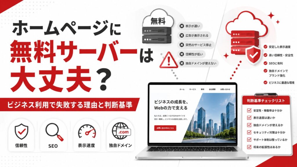 ホームページに無料サーバーを使っても大丈夫かをテーマに、無料サーバーのリスク、有料サーバーとの違い、信頼性、SEO、表示速度、独自ドメインの判断基準を示したアイキャッチ画像