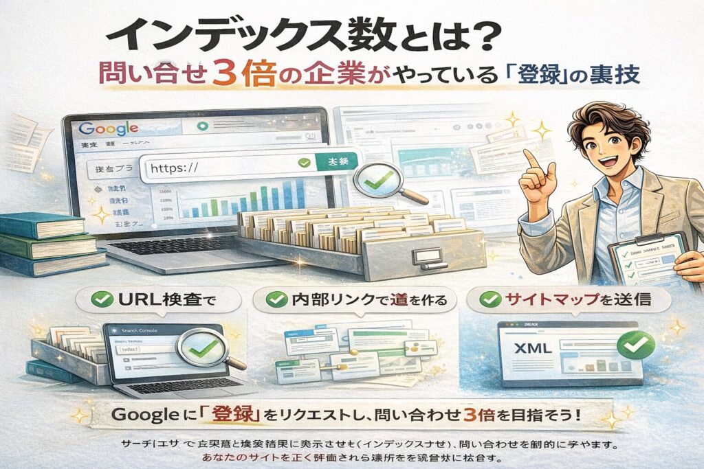 インデックス数とは何かを解説する図解イラスト。Google検索にページが登録され増えていく様子を表現したシンプルなWeb集客解説ビジュアル
