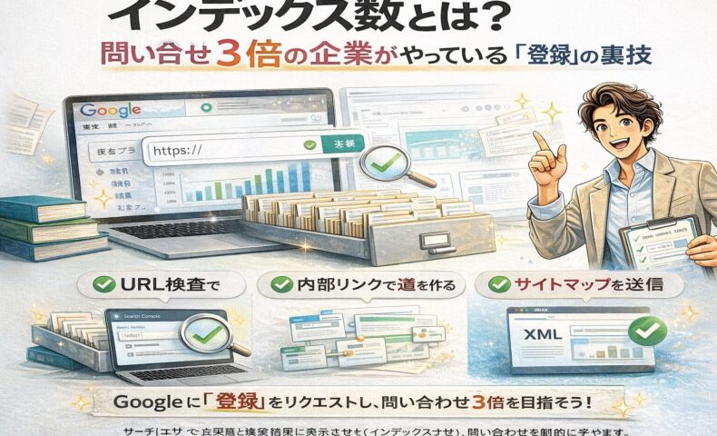 インデックス数とは何かを解説する図解イラスト。Google検索にページが登録され増えていく様子を表現したシンプルなWeb集客解説ビジュアル