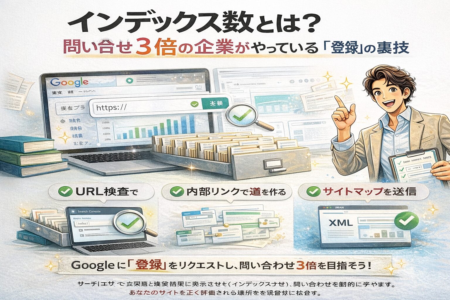 インデックス数とは何かを解説する図解イラスト。Google検索にページが登録され増えていく様子を表現したシンプルなWeb集客解説ビジュアル