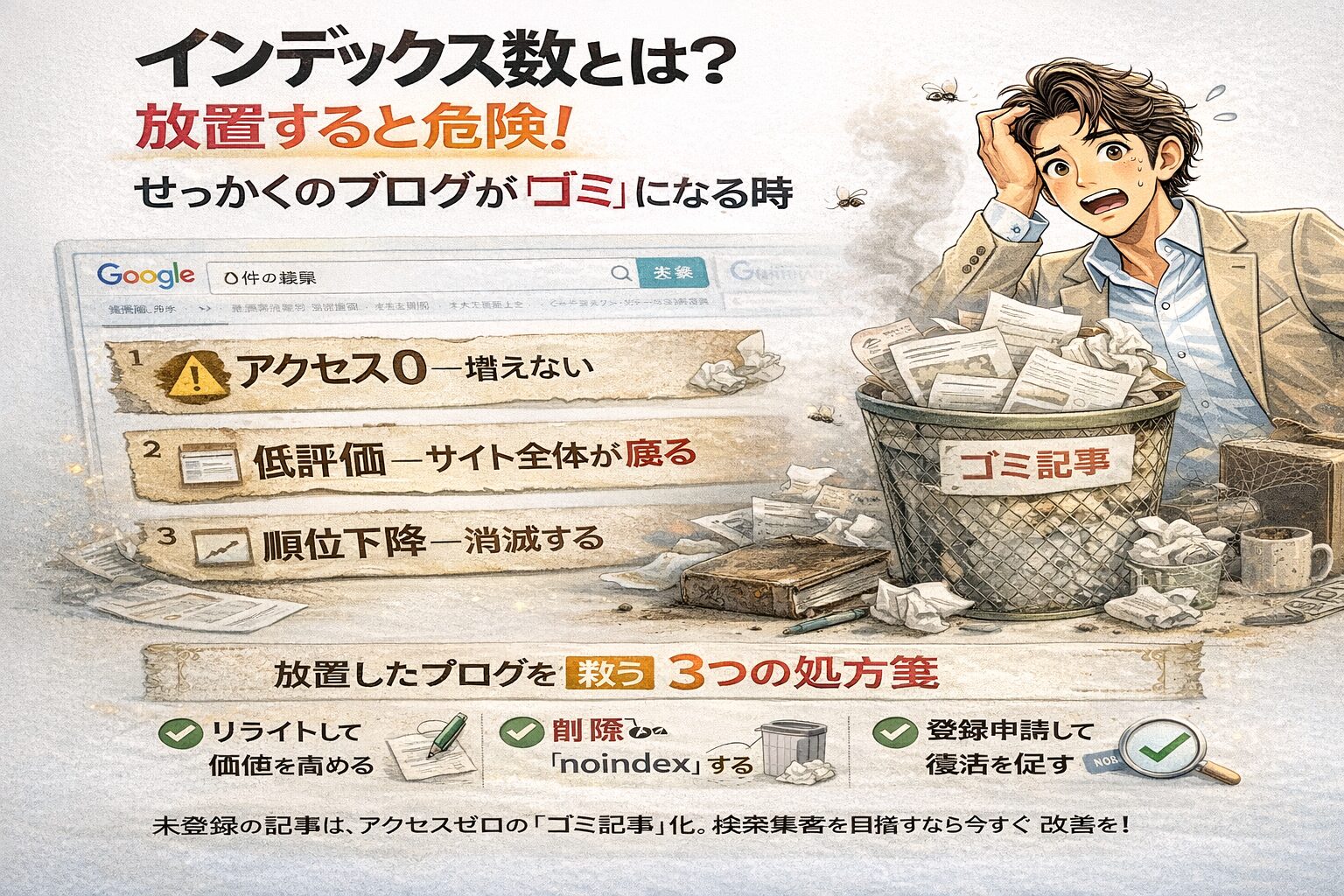 インデックス数とは何かを解説し、検索未登録の記事がゴミ化してアクセスゼロになる危険性と改善策を示すブログ運営イメージイラスト