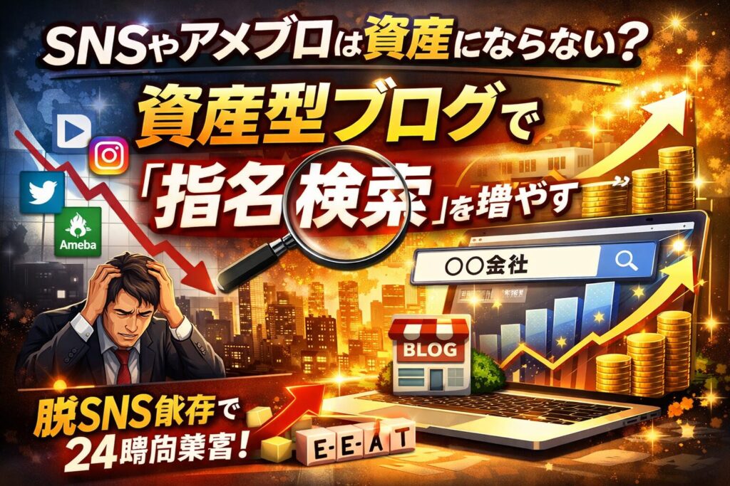SNSやアメブロは資産にならない理由と、資産型ブログで指名検索を増やし売上を伸ばす仕組みを図解したイメージ