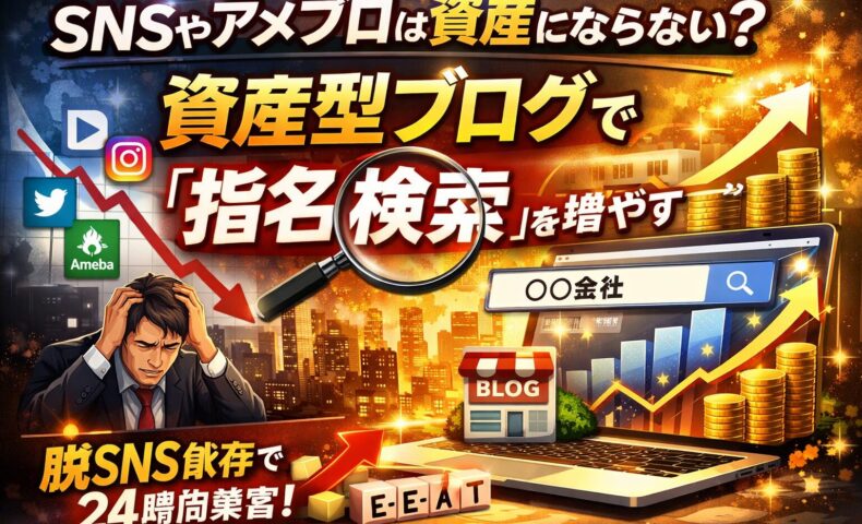 SNSやアメブロは資産にならない理由と、資産型ブログで指名検索を増やし売上を伸ばす仕組みを図解したイメージ