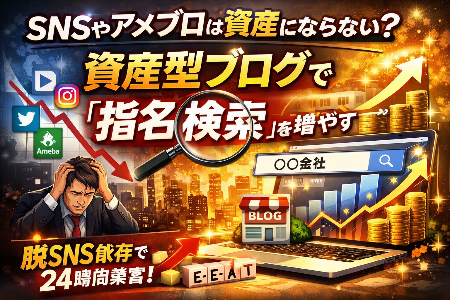 SNSやアメブロは資産にならない理由と、資産型ブログで指名検索を増やし売上を伸ばす仕組みを図解したイメージ