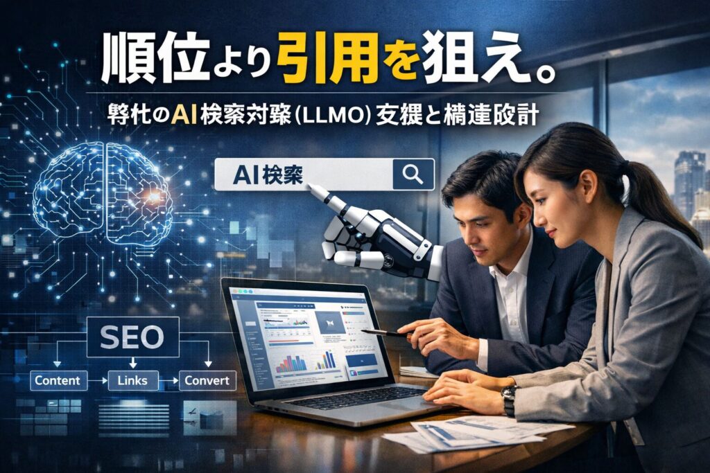 AI検索対策とLLMO支援の構造設計を表現したアイキャッチ画像。AI検索、SEO、内部リンク、CV導線を分析するビジネスシーンをリアルに描写
