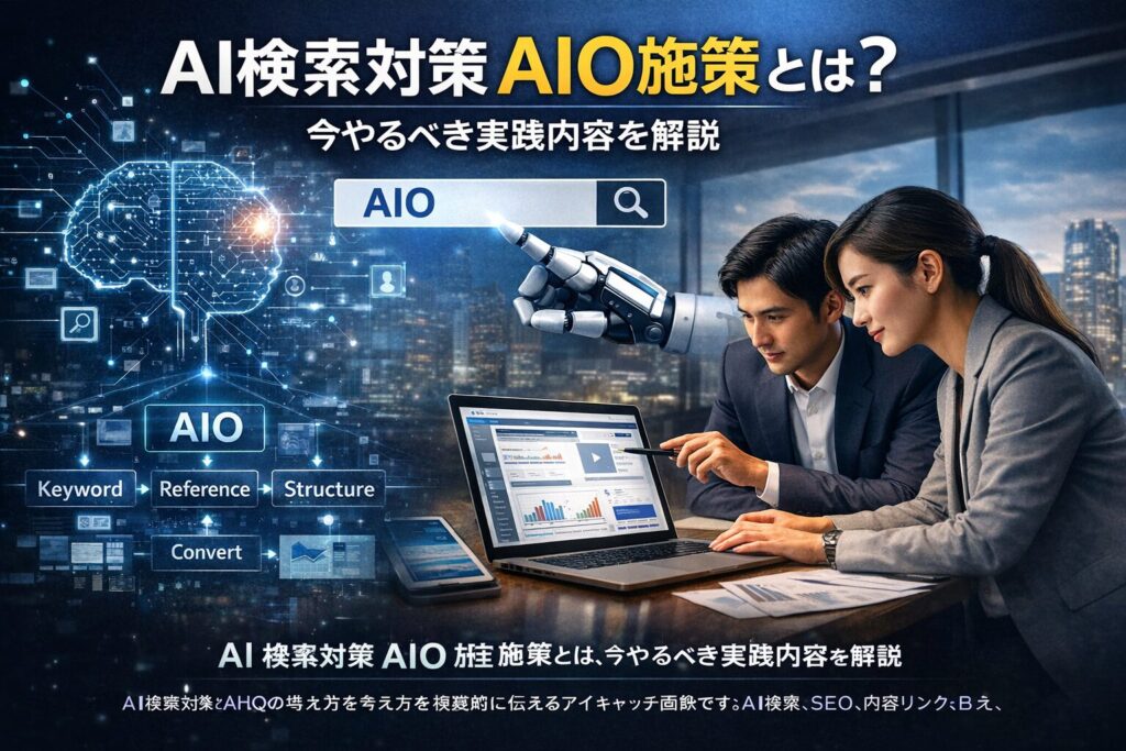 AI検索対策AIO施策の構造設計をテーマに、ビジネスパーソンがデータ分析を行いながらAI検索・SEO・内部リンク・CV導線を可視化しているリアルなアイキャッチ画像