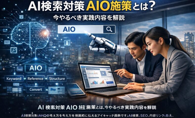AI検索対策AIO施策の構造設計をテーマに、ビジネスパーソンがデータ分析を行いながらAI検索・SEO・内部リンク・CV導線を可視化しているリアルなアイキャッチ画像