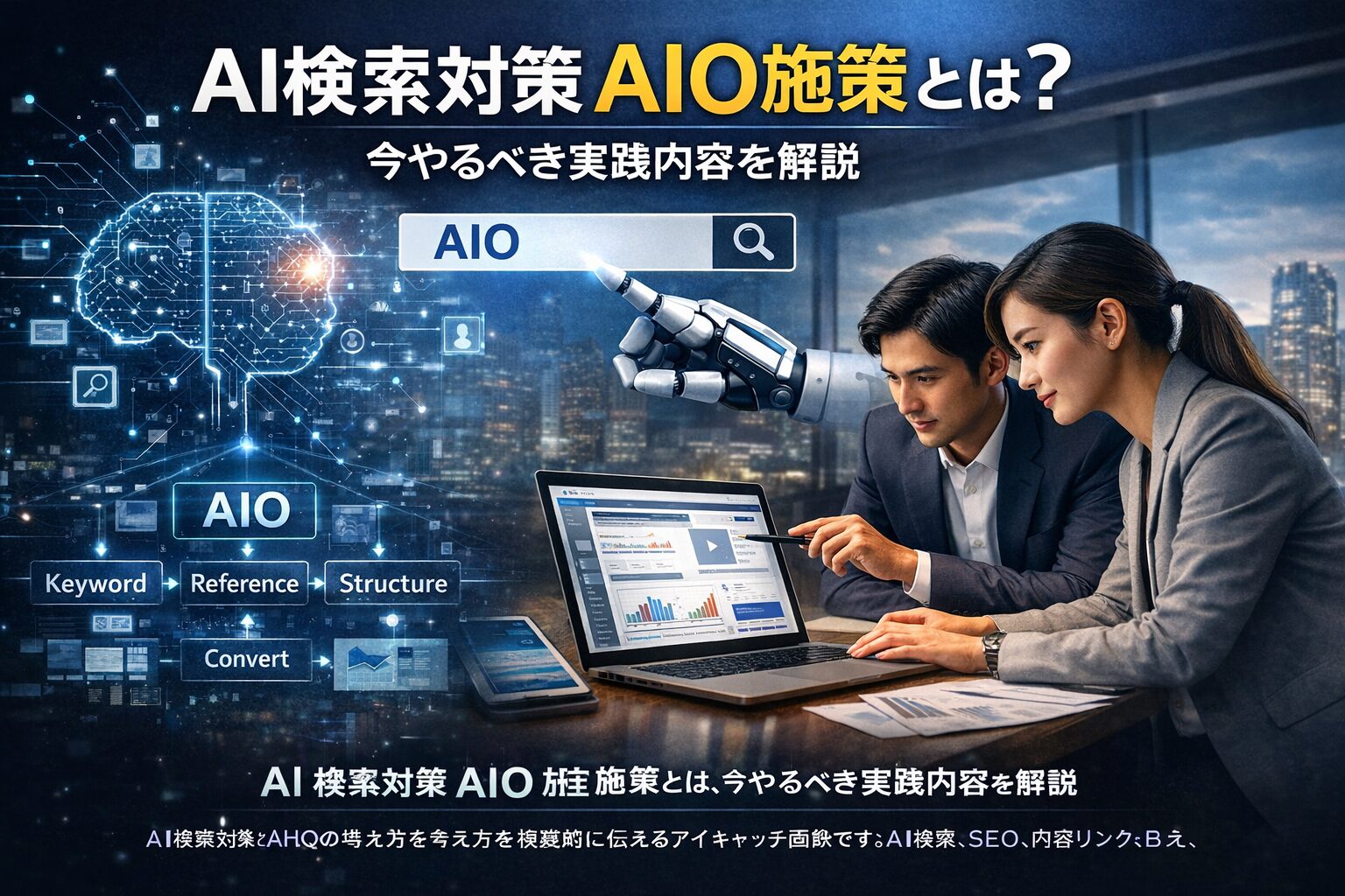 AI検索対策AIO施策の構造設計をテーマに、ビジネスパーソンがデータ分析を行いながらAI検索・SEO・内部リンク・CV導線を可視化しているリアルなアイキャッチ画像