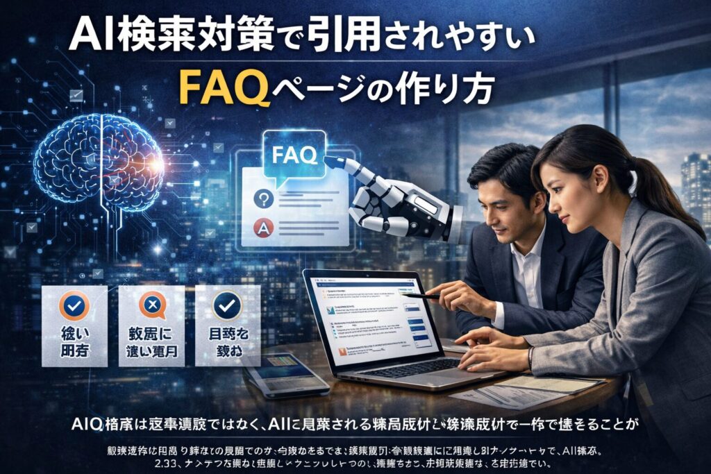 AI検索対策に強いFAQページの作り方をテーマに、ビジネスパーソンがFAQ構造を分析しながらAI・検索・内部リンク・導線設計を可視化しているリアルなアイキャッチ画像