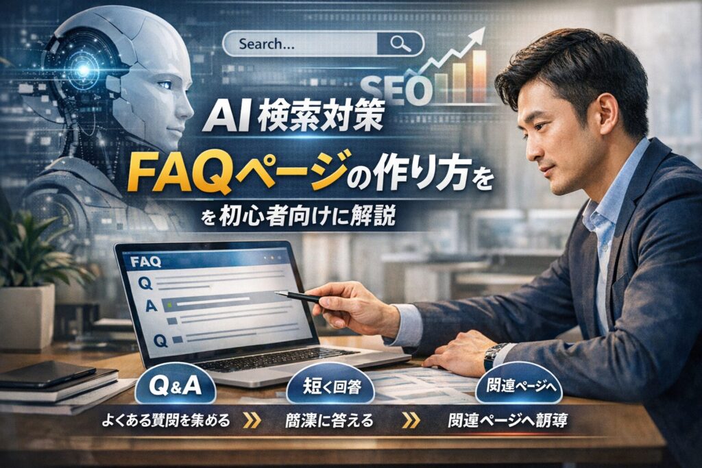 AI検索対策のFAQページ作成をテーマに、ノートPCで質問と回答の構造を整理しながらWebサイト設計を行うビジネスパーソンのリアルな作業風景を表現したアイキャッチ画像