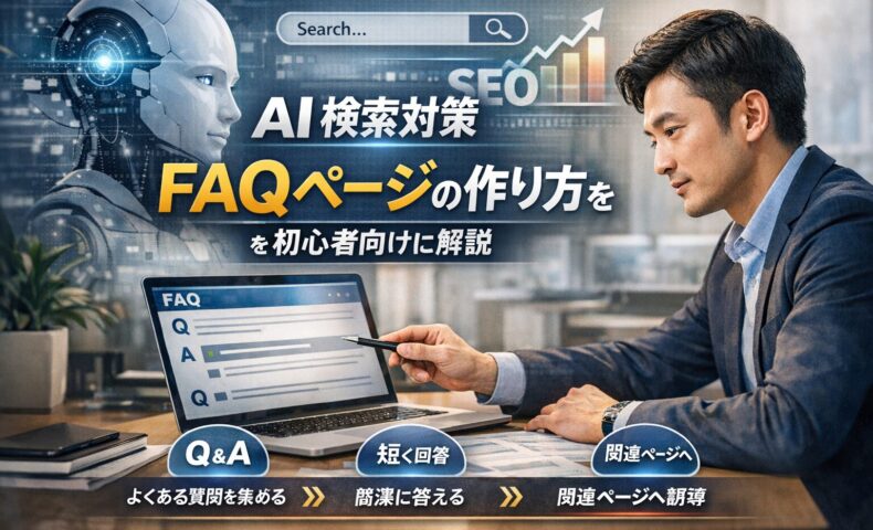 AI検索対策のFAQページ作成をテーマに、ノートPCで質問と回答の構造を整理しながらWebサイト設計を行うビジネスパーソンのリアルな作業風景を表現したアイキャッチ画像