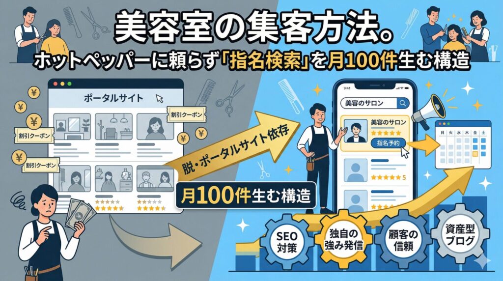 ホットペッパー依存（高額広告コストに悩む左側）からの脱却を図解した美容室集客方法のインフォグラフィック。右側は自社メディアやSEOを活用し、月100件の指名検索（サロン名検索）を生む構造を表現。下部の歯車には「SEO対策」「独自の強み発信」「顧客の信頼」「資産型ブログ」のキーワード。