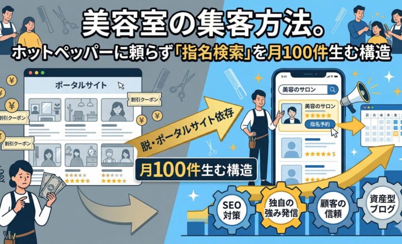 ホットペッパー依存（高額広告コストに悩む左側）からの脱却を図解した美容室集客方法のインフォグラフィック。右側は自社メディアやSEOを活用し、月100件の指名検索（サロン名検索）を生む構造を表現。下部の歯車には「SEO対策」「独自の強み発信」「顧客の信頼」「資産型ブログ」のキーワード。