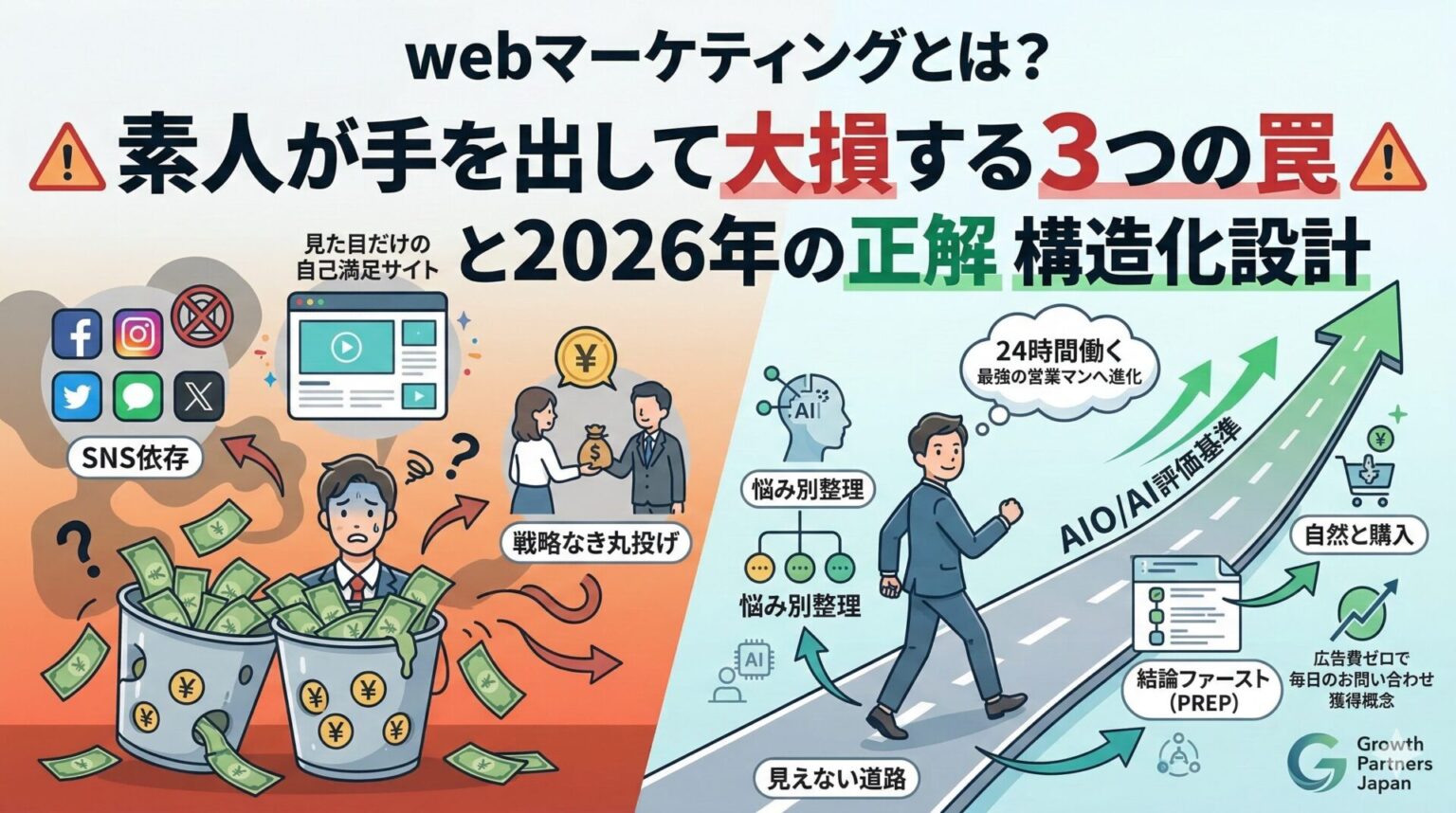 webマーケティングで大損する3つの罠（SNS依存、見た目だけの自己満足サイト、戦略なき丸投げ）と、売上を作る2026年の正解であるAI評価基準を満たした構造化設計（悩み別整理、結論ファースト）を対比した図解。