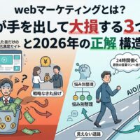 webマーケティングで大損する3つの罠(SNS依存、見た目だけの自己満足サイト、戦略なき丸投げ)と、売上を作る2026年の正解であるAI評価基準を満たした構造化設計(悩み別整理、結論ファースト)を対比した図解。