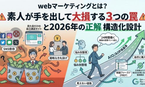 webマーケティングで大損する3つの罠（SNS依存、見た目だけの自己満足サイト、戦略なき丸投げ）と、売上を作る2026年の正解であるAI評価基準を満たした構造化設計（悩み別整理、結論ファースト）を対比した図解。