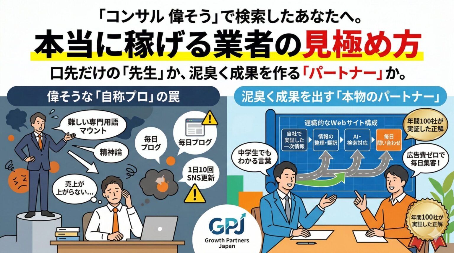 難しい専門用語や精神論でマウントをとる偉そうな「自称プロ」のコンサルタントと、分かりやすい言葉で寄り添い、論理的なサイト構造を共に構築する「本物のパートナー」を左右で対比させた図解イラスト。