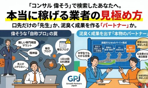 難しい専門用語や精神論でマウントをとる偉そうな「自称プロ」のコンサルタントと、分かりやすい言葉で寄り添い、論理的なサイト構造を共に構築する「本物のパートナー」を左右で対比させた図解イラスト。