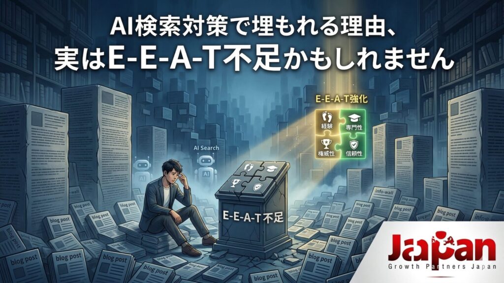 AI検索対策で埋もれる原因がE-E-A-T不足にあることを、情報の山に埋もれる人物と光るE-E-A-T強化要素で表現したアイキャッチ画像