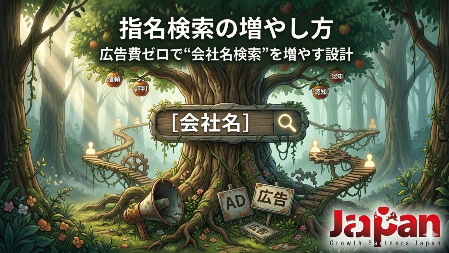 指名検索の増やし方を、森の中で会社名検索へ導く導線と、信頼・評判・認知が育つ木のイメージで表現したアイキャッチ画像