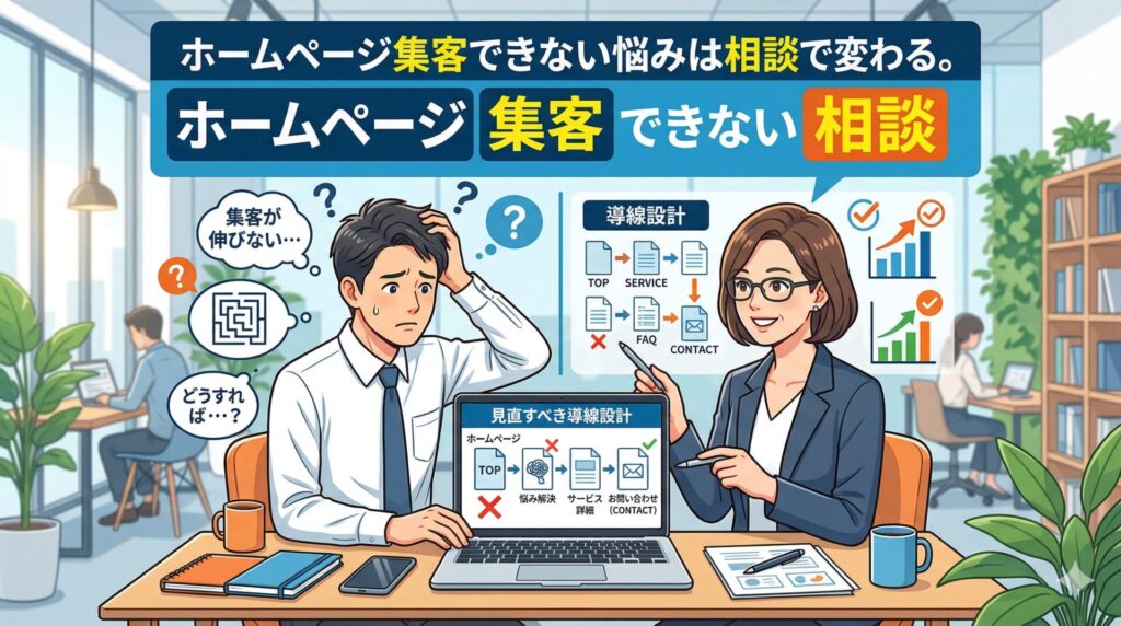 ホームページで集客できず悩む事業主が、相談を通じて導線設計の改善ポイントを整理しているアイキャッチ画像