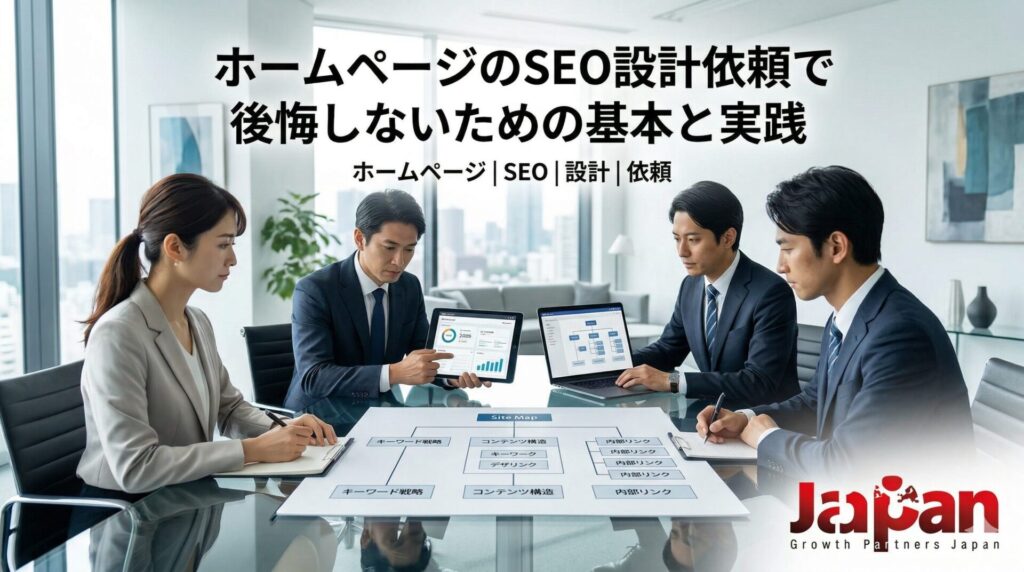 ホームページのSEO設計依頼で後悔しないために、担当者と専門家がサイトマップやキーワード戦略、内部リンク構造を確認しているアイキャッチ画像