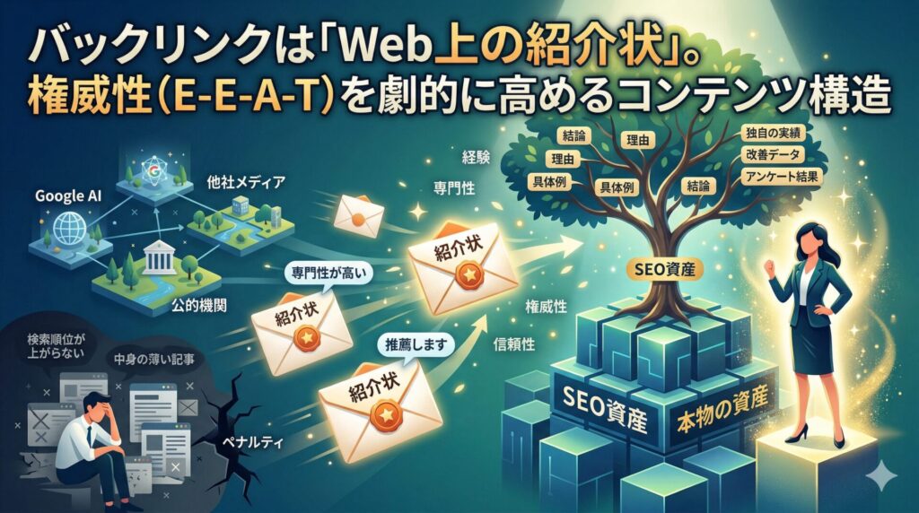 バックリンク（被リンク）対策における、消耗する「小手先テクニック・ペナルティリスク」（左）と、蓄積する「構造設計・信頼構築」（右）の比較インフォグラフィック。左側では暗い渦に「検索順位が上がらない」「中身の薄い記事」と「ペナルティ」に悩む様子。右側では「Google AI」「公的機関」「他社メディア」から「紹介状」の封筒（ラベル：専門性が高い、推薦します、信頼できる）を受け取り、PREP構造とE-E-A-T（経験、専門性、権威性、信頼性）で構成された「SEO資産（本物の資産）」の木を輝く女性が成長させる様子を描写。全体として「権威性（E-E-A-T）を劇的に高めるコンテンツ構造」を示している。