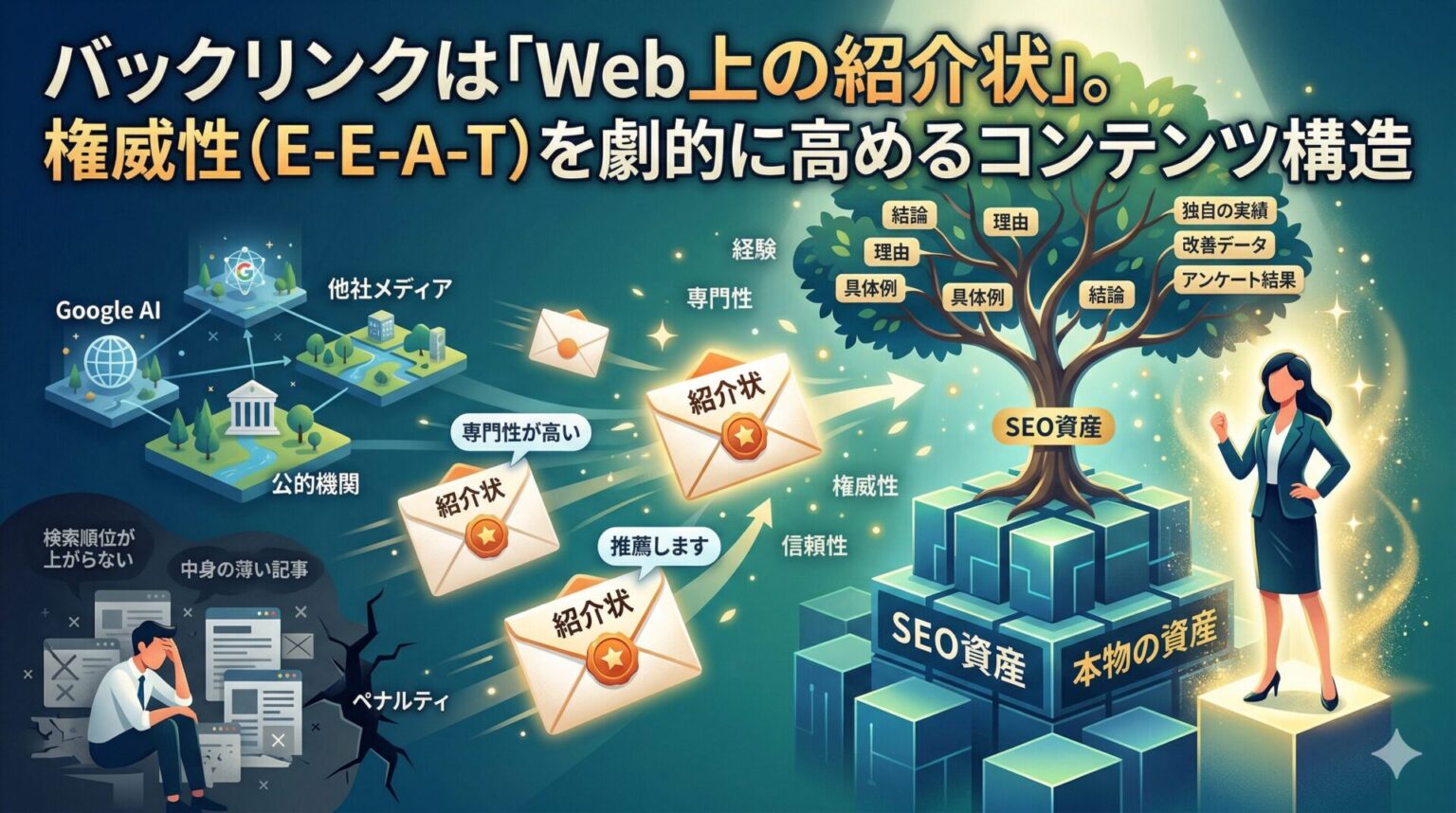 バックリンク（被リンク）対策における、消耗する「小手先テクニック・ペナルティリスク」（左）と、蓄積する「構造設計・信頼構築」（右）の比較インフォグラフィック。左側では暗い渦に「検索順位が上がらない」「中身の薄い記事」と「ペナルティ」に悩む様子。右側では「Google AI」「公的機関」「他社メディア」から「紹介状」の封筒（ラベル：専門性が高い、推薦します、信頼できる）を受け取り、PREP構造とE-E-A-T（経験、専門性、権威性、信頼性）で構成された「SEO資産（本物の資産）」の木を輝く女性が成長させる様子を描写。全体として「権威性（E-E-A-T）を劇的に高めるコンテンツ構造」を示している。