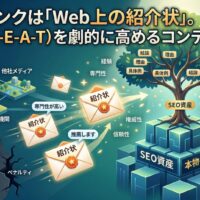 バックリンク（被リンク）対策における、消耗する「小手先テクニック・ペナルティリスク」（左）と、蓄積する「構造設計・信頼構築」（右）の比較インフォグラフィック。左側では暗い渦に「検索順位が上がらない」「中身の薄い記事」と「ペナルティ」に悩む様子。右側では「Google AI」「公的機関」「他社メディア」から「紹介状」の封筒（ラベル：専門性が高い、推薦します、信頼できる）を受け取り、PREP構造とE-E-A-T（経験、専門性、権威性、信頼性）で構成された「SEO資産（本物の資産）」の木を輝く女性が成長させる様子を描写。全体として「権威性（E-E-A-T）を劇的に高めるコンテンツ構造」を示している。