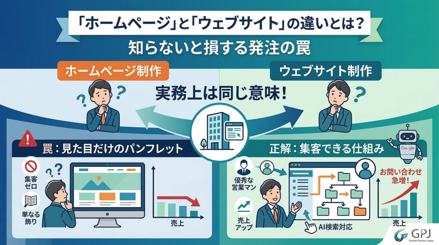 ホームページとウェブサイトの違いを図解。「ホームページ制作」と「ウェブサイト制作」は実務上同じ意味であることを提示。左側は売上が下がる「見た目だけのパンフレット」の罠、右側はAI検索対応の階層構造で問い合わせが急増する「集客できる仕組み」の正解を対比しています。