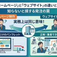 ホームページとウェブサイトの違いを図解。「ホームページ制作」と「ウェブサイト制作」は実務上同じ意味であることを提示。左側は売上が下がる「見た目だけのパンフレット」の罠、右側はAI検索対応の階層構造で問い合わせが急増する「集客できる仕組み」の正解を対比しています。