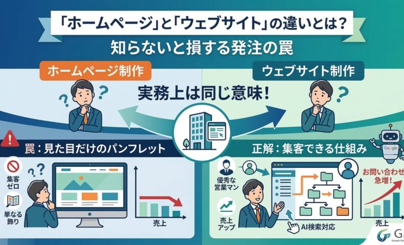 ホームページとウェブサイトの違いを図解。「ホームページ制作」と「ウェブサイト制作」は実務上同じ意味であることを提示。左側は売上が下がる「見た目だけのパンフレット」の罠、右側はAI検索対応の階層構造で問い合わせが急増する「集客できる仕組み」の正解を対比しています。
