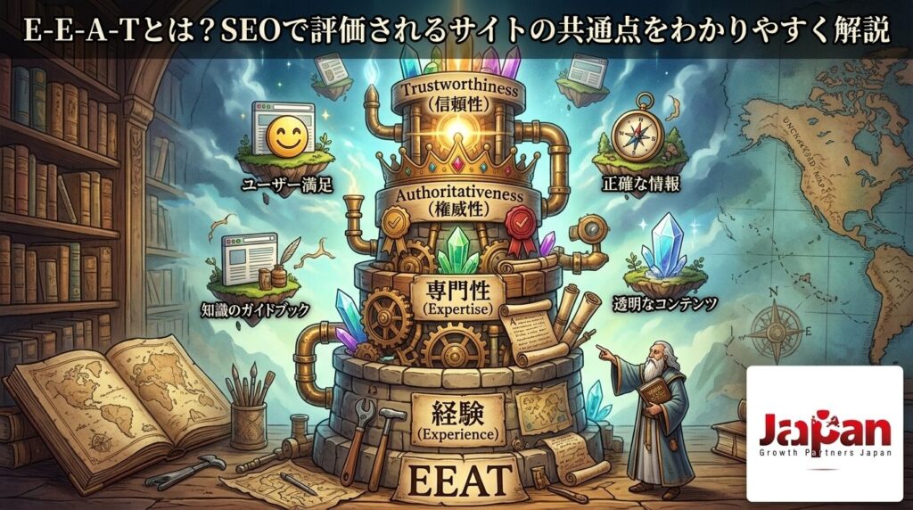 E-E-A-Tの構成要素である経験・専門性・権威性・信頼性を、SEOで評価されるサイトの共通点として図解したアイキャッチ画像