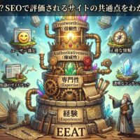 E-E-A-Tの構成要素である経験・専門性・権威性・信頼性を、SEOで評価されるサイトの共通点として図解したアイキャッチ画像