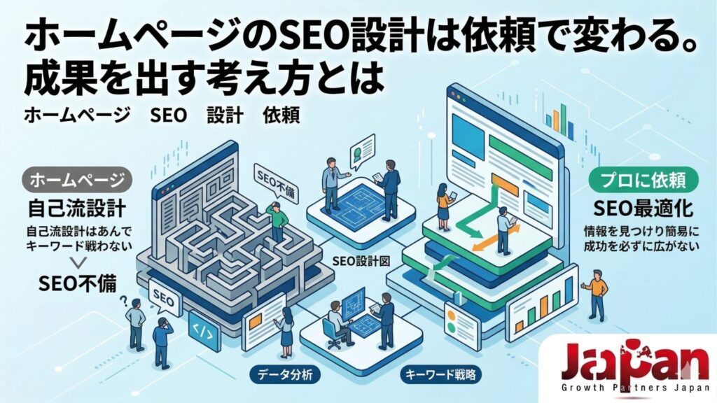 ホームページのSEO設計を自己流で進めた場合と、プロに依頼して最適化した場合の違いを比較し、成果につながる設計の重要性を示したアイキャッチ画像