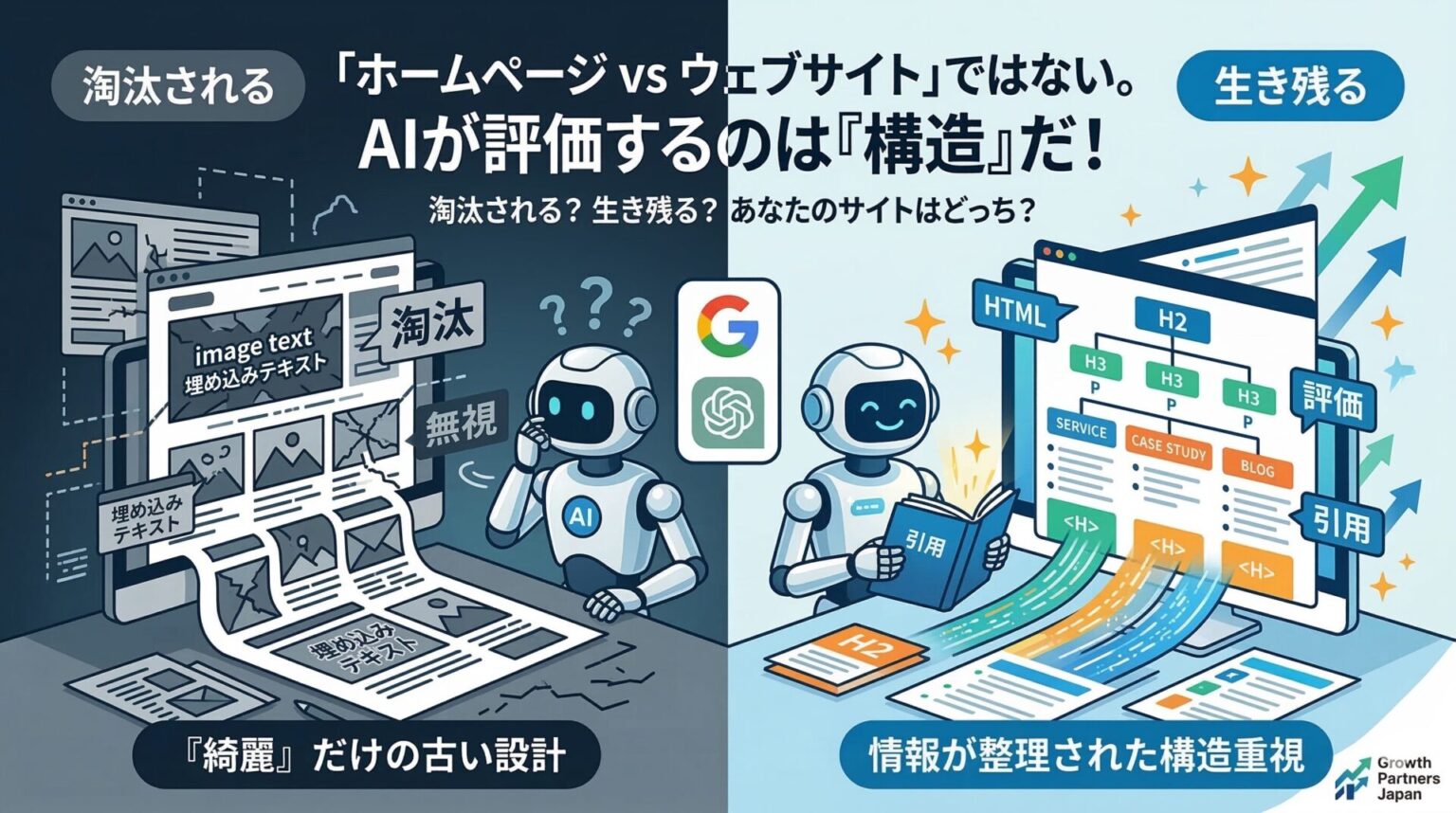 AI時代に淘汰されるサイトと生き残るサイトの違いを図解。左側は画像埋め込みテキストが多く生成AIに無視される綺麗なだけの古い設計。右側はHTMLタグで情報が整理され、AIに正しく評価・引用される構造重視の設計を対比しています。